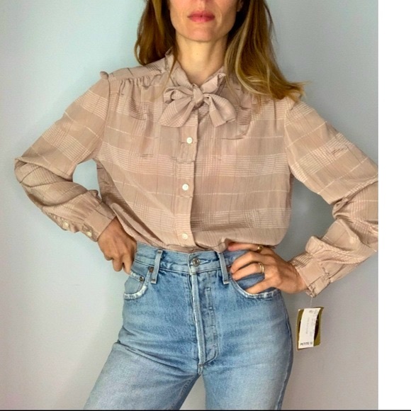 NWT Vintage Dead Stock Stripped Pussy Bow Beige Blouse - Picture 9 of 16